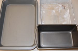 Standard baking pans. A loaf pan is 1/2 an 8 X 8 pan