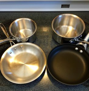 Small, right size pans for a serving or two plus smaller sauté pans. Perfect for a couple of eggs